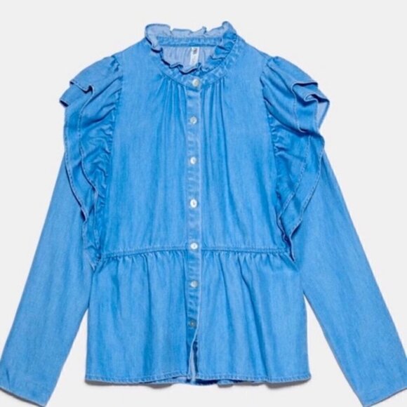 NEW Zara Ruffled Denim Top Size M - Picture 3 of 10